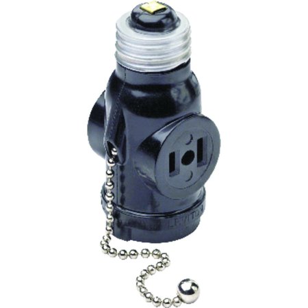 LEVITON Plastic Medium Base Lampholder w/Outlet & Pull Chain 01406-000